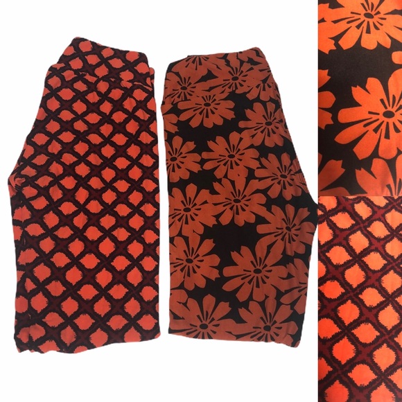 LuLaroe Bundle 2 Pairs Orange Patterned OS Legging - Picture 1 of 9